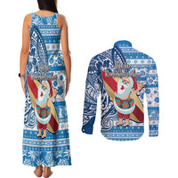 Hawaii Mele Kalikimaka Couples Matching Tank Maxi Dress and Long Sleeve Button Shirt Santa Claus Surfing with Hawaiian Pattern Striped Blue Style LT03 - Polynesian Pride