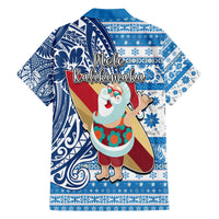 Hawaii Mele Kalikimaka Family Matching Long Sleeve Bodycon Dress and Hawaiian Shirt Santa Claus Surfing with Hawaiian Pattern Striped Blue Style LT03 - Polynesian Pride