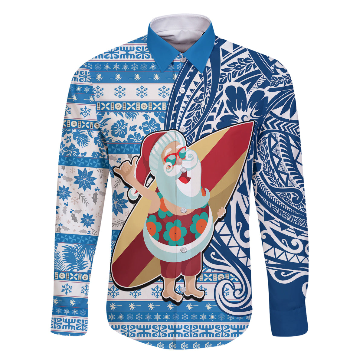 Hawaii Mele Kalikimaka Family Matching Long Sleeve Bodycon Dress and Hawaiian Shirt Santa Claus Surfing with Hawaiian Pattern Striped Blue Style LT03 Dad's Shirt - Long Sleeve Blue - Polynesian Pride