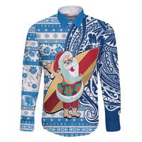 Hawaii Mele Kalikimaka Family Matching Long Sleeve Bodycon Dress and Hawaiian Shirt Santa Claus Surfing with Hawaiian Pattern Striped Blue Style LT03 Dad's Shirt - Long Sleeve Blue - Polynesian Pride