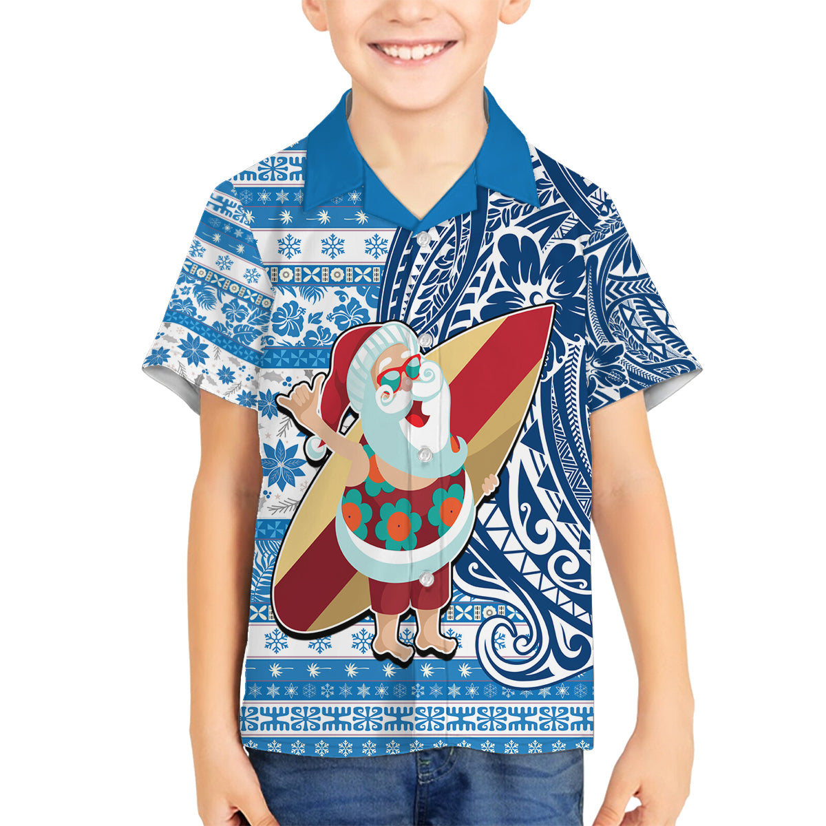 Hawaii Mele Kalikimaka Family Matching Long Sleeve Bodycon Dress and Hawaiian Shirt Santa Claus Surfing with Hawaiian Pattern Striped Blue Style LT03 Son's Shirt Blue - Polynesian Pride