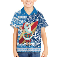 Hawaii Mele Kalikimaka Family Matching Long Sleeve Bodycon Dress and Hawaiian Shirt Santa Claus Surfing with Hawaiian Pattern Striped Blue Style LT03 Son's Shirt Blue - Polynesian Pride