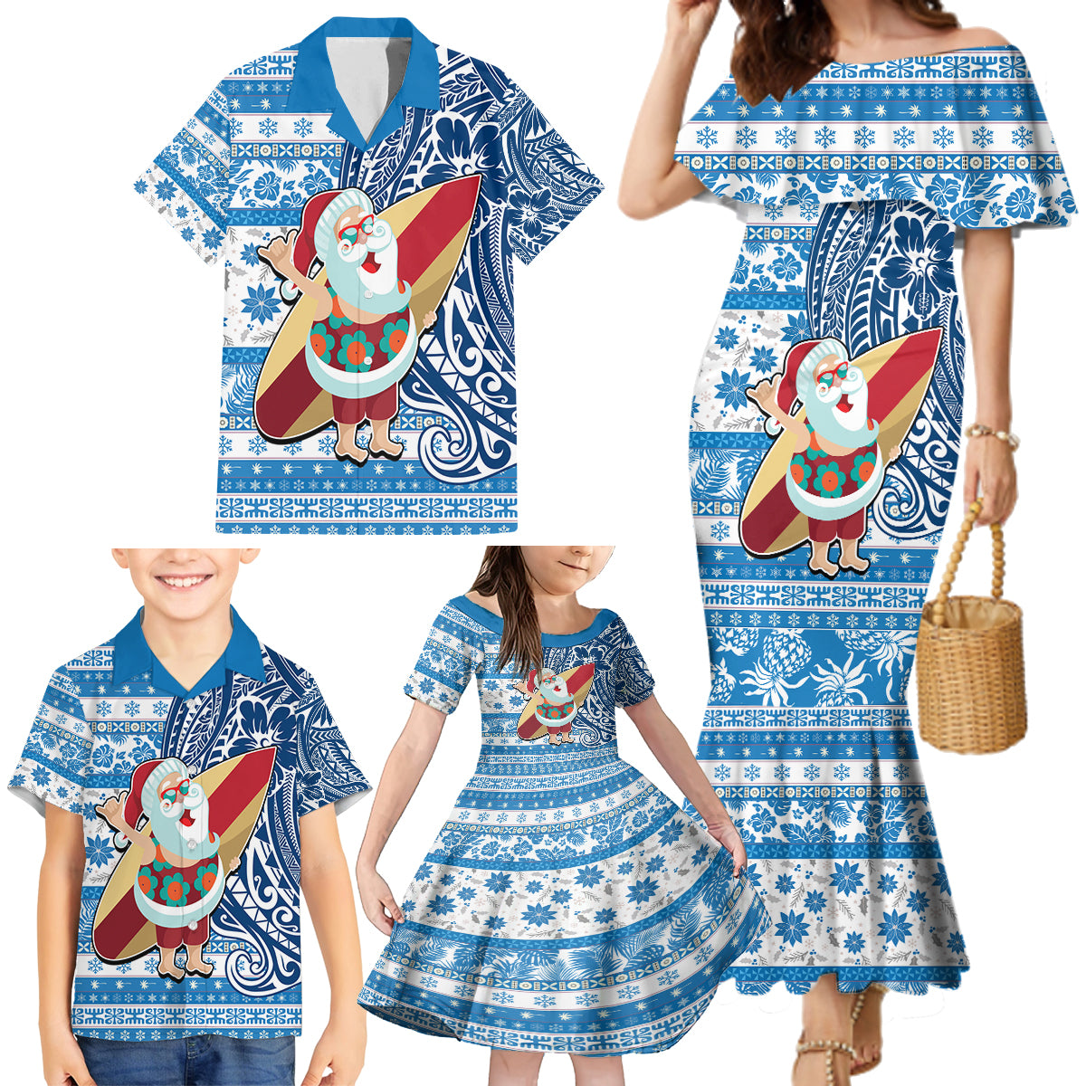 Hawaii Mele Kalikimaka Family Matching Mermaid Dress and Hawaiian Shirt Santa Claus Surfing with Hawaiian Pattern Striped Blue Style LT03 - Polynesian Pride