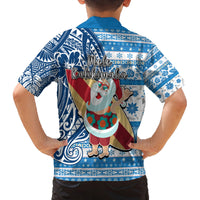 Hawaii Mele Kalikimaka Family Matching Off Shoulder Long Sleeve Dress and Hawaiian Shirt Santa Claus Surfing with Hawaiian Pattern Striped Blue Style LT03 - Polynesian Pride
