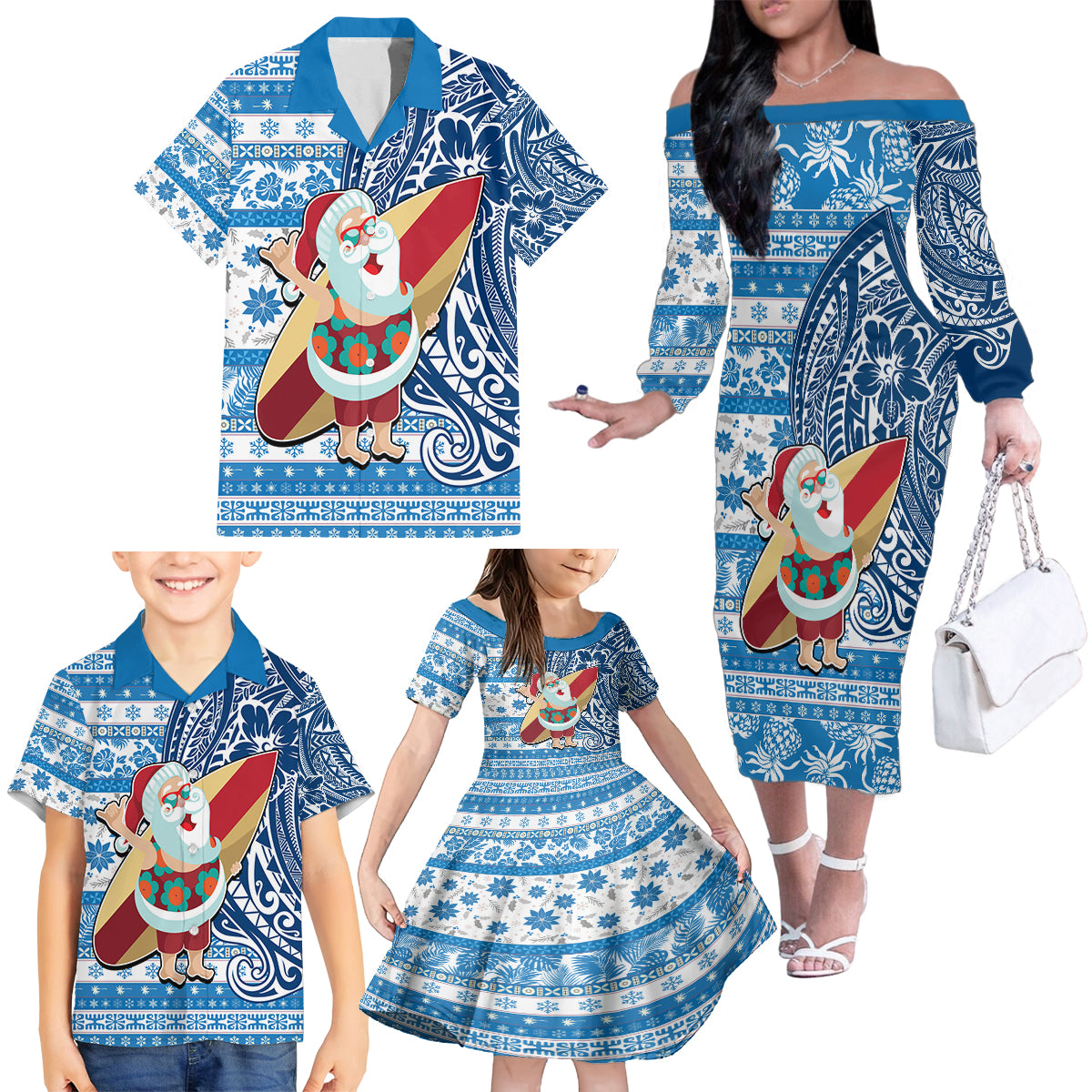 Hawaii Mele Kalikimaka Family Matching Off Shoulder Long Sleeve Dress and Hawaiian Shirt Santa Claus Surfing with Hawaiian Pattern Striped Blue Style LT03 - Polynesian Pride