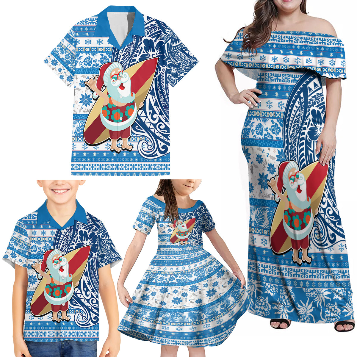 Hawaii Mele Kalikimaka Family Matching Off Shoulder Maxi Dress and Hawaiian Shirt Santa Claus Surfing with Hawaiian Pattern Striped Blue Style LT03 - Polynesian Pride