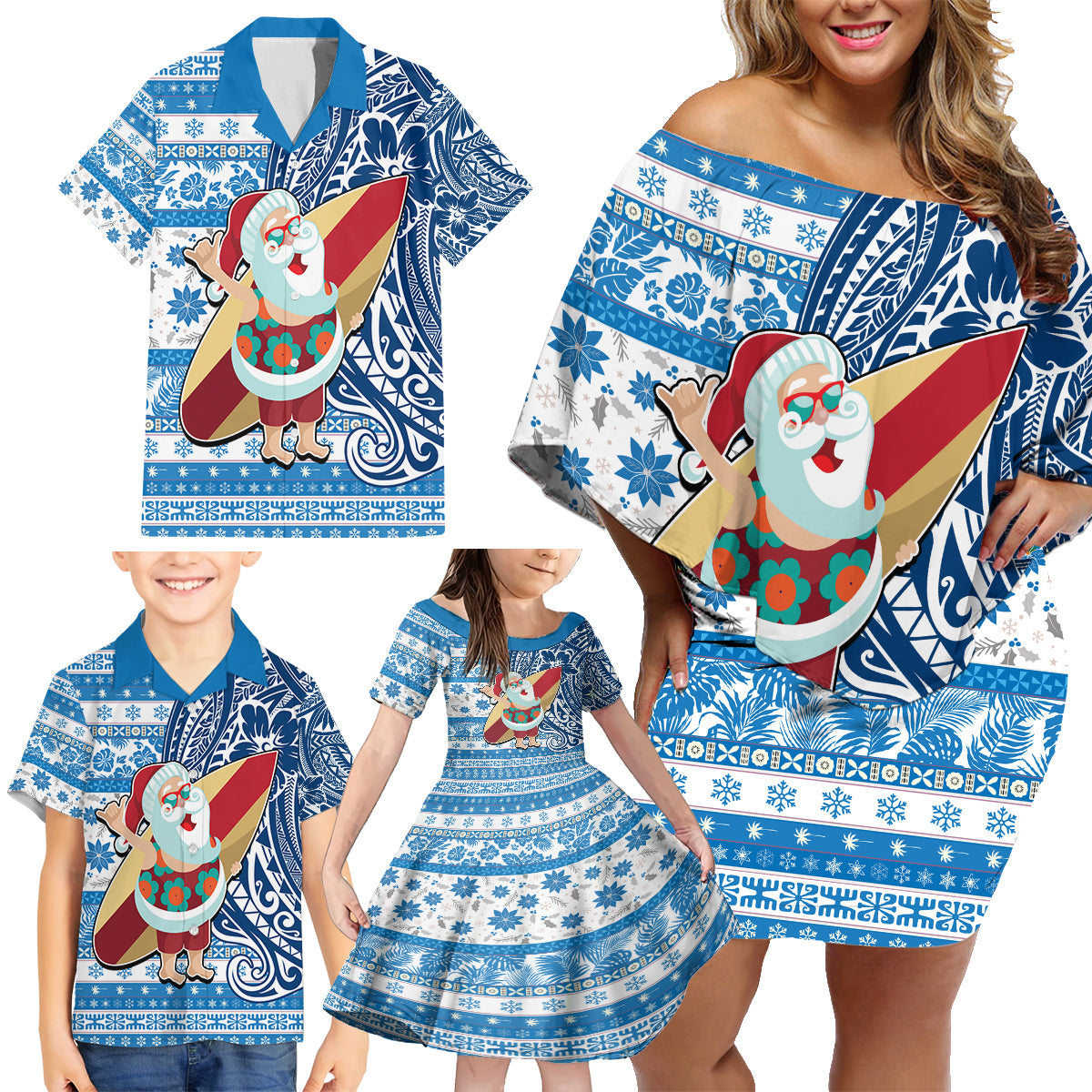 Hawaii Mele Kalikimaka Family Matching Off Shoulder Short Dress and Hawaiian Shirt Santa Claus Surfing with Hawaiian Pattern Striped Blue Style LT03 - Polynesian Pride