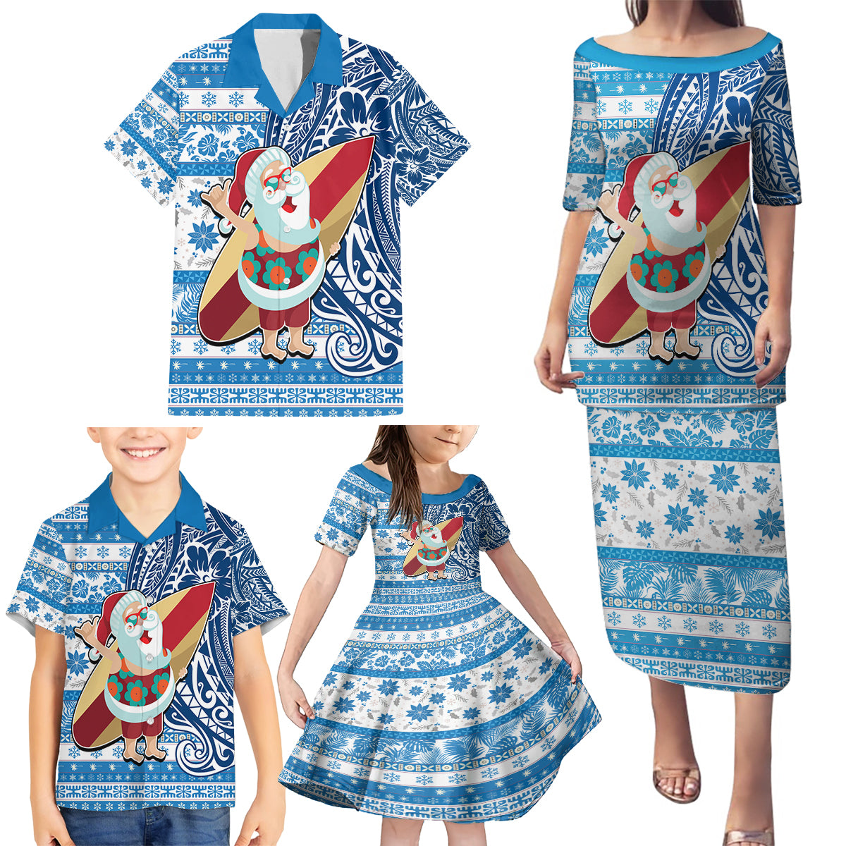 Hawaii Mele Kalikimaka Family Matching Puletasi Dress and Hawaiian Shirt Santa Claus Surfing with Hawaiian Pattern Striped Blue Style LT03 - Polynesian Pride