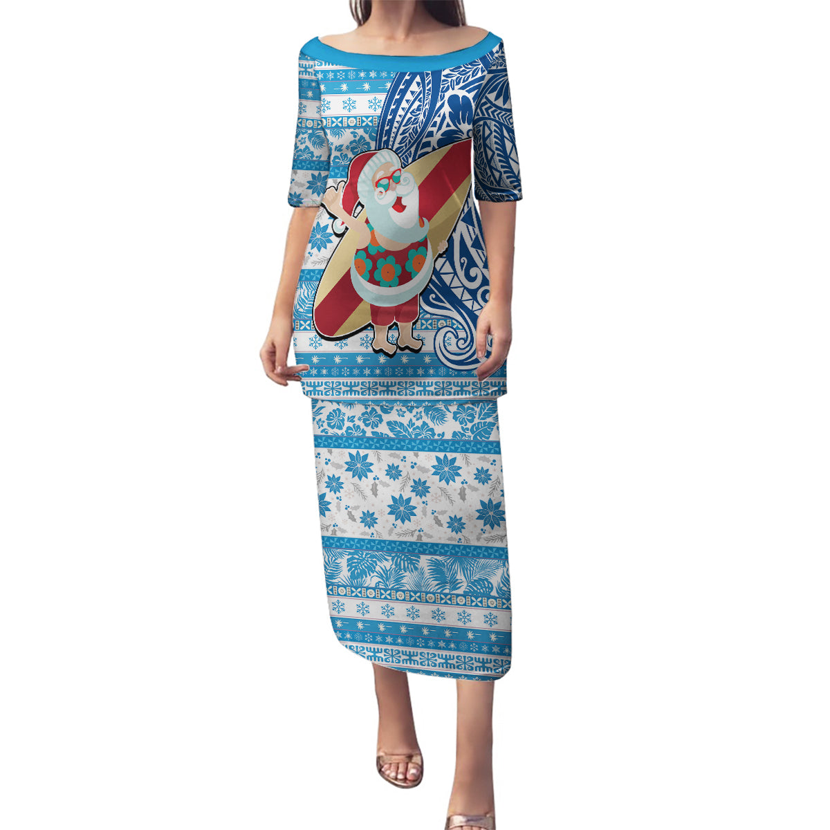 Hawaii Mele Kalikimaka Family Matching Puletasi Dress and Hawaiian Shirt Santa Claus Surfing with Hawaiian Pattern Striped Blue Style LT03 Mom's Dress Blue - Polynesian Pride