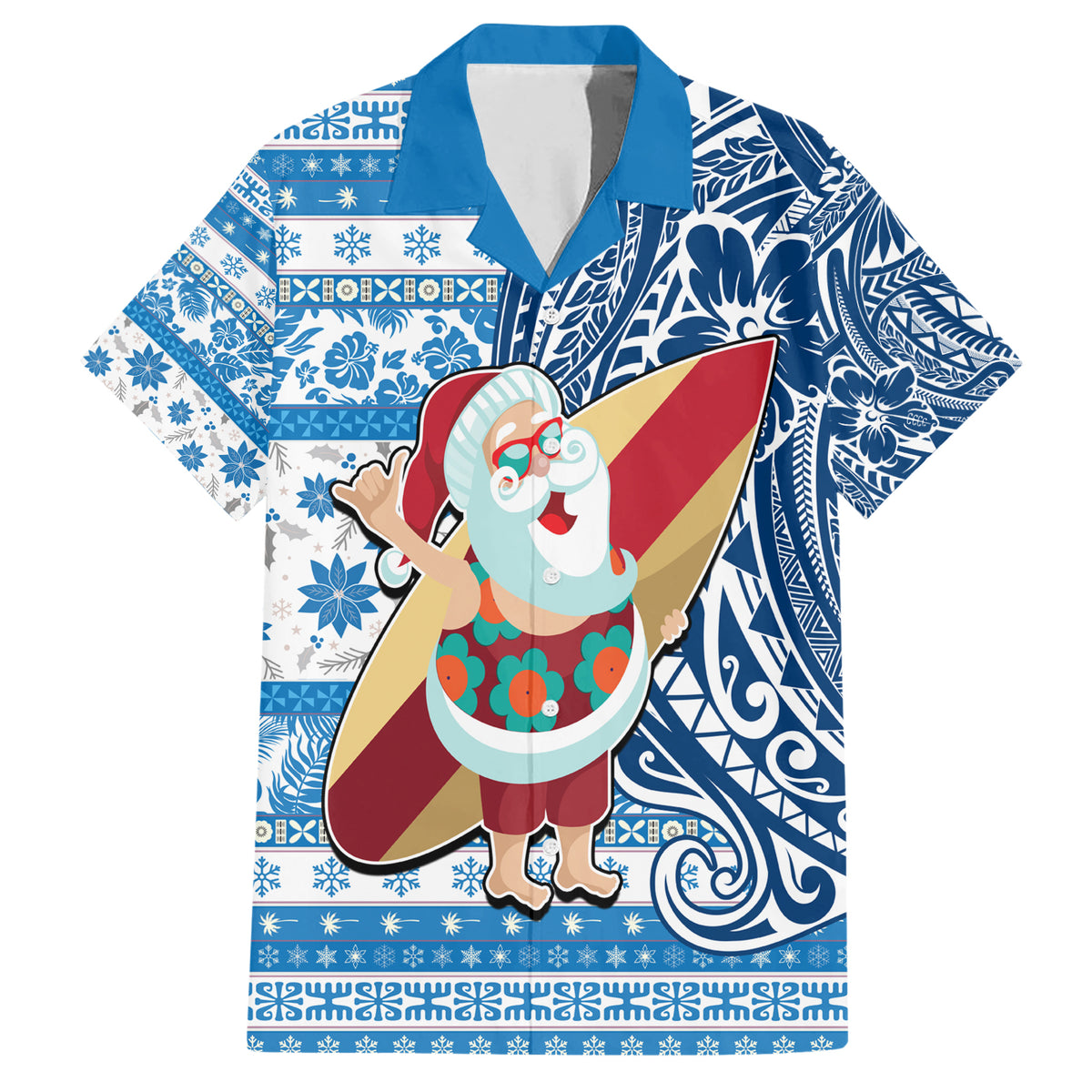 Hawaii Mele Kalikimaka Family Matching Short Sleeve Bodycon Dress and Hawaiian Shirt Santa Claus Surfing with Hawaiian Pattern Striped Blue Style LT03 Dad's Shirt - Short Sleeve Blue - Polynesian Pride