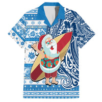 Hawaii Mele Kalikimaka Family Matching Short Sleeve Bodycon Dress and Hawaiian Shirt Santa Claus Surfing with Hawaiian Pattern Striped Blue Style LT03 Dad's Shirt - Short Sleeve Blue - Polynesian Pride