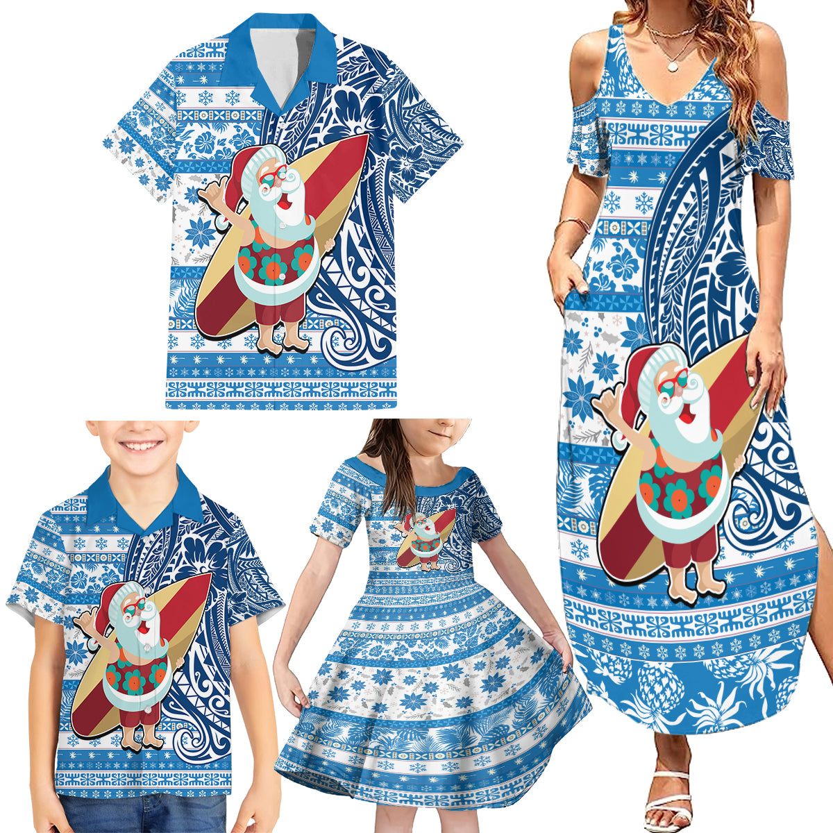 Hawaii Mele Kalikimaka Family Matching Summer Maxi Dress and Hawaiian Shirt Santa Claus Surfing with Hawaiian Pattern Striped Blue Style LT03 - Polynesian Pride