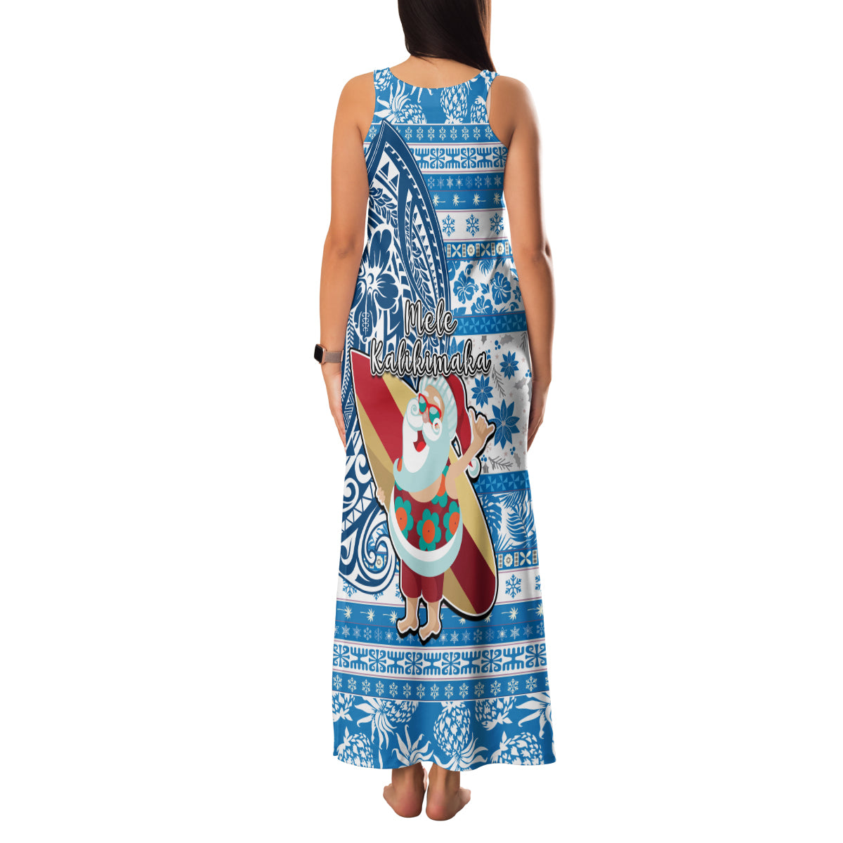 Hawaii Mele Kalikimaka Family Matching Tank Maxi Dress and Hawaiian Shirt Santa Claus Surfing with Hawaiian Pattern Striped Blue Style LT03 - Polynesian Pride