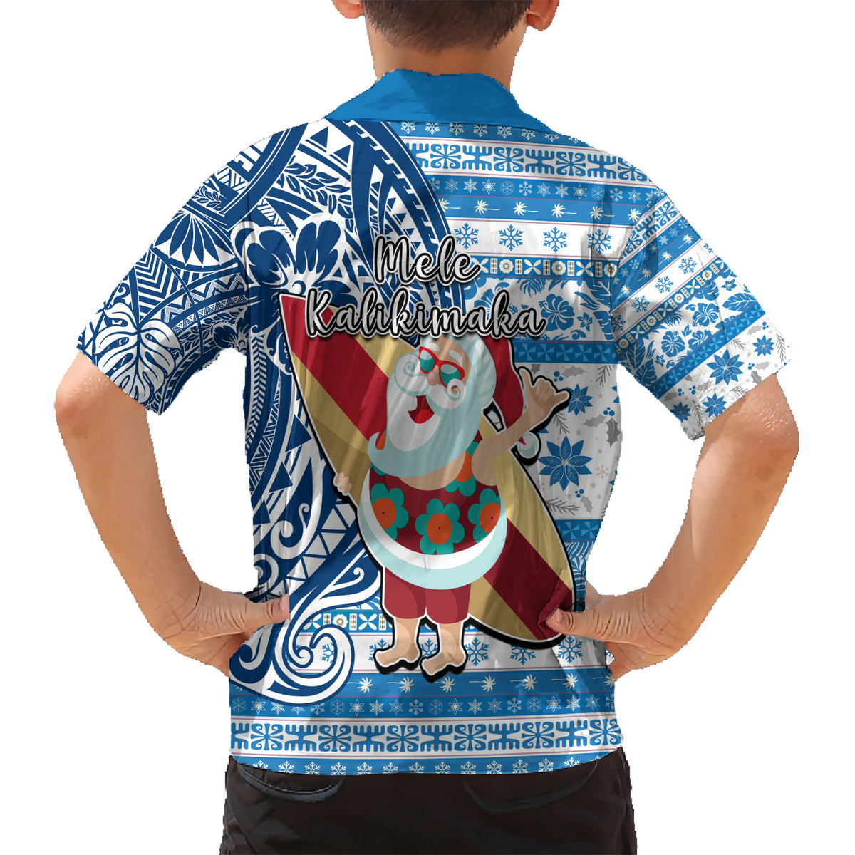Hawaii Mele Kalikimaka Kid Hawaiian Shirt Santa Claus Surfing with Hawaiian Pattern Striped Blue Style LT03 - Polynesian Pride