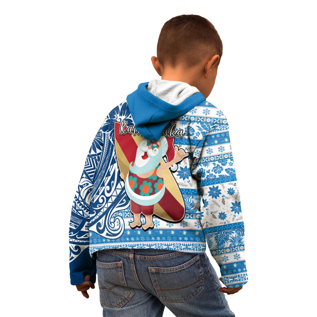 Hawaii Mele Kalikimaka Kid Hoodie Santa Claus Surfing with Hawaiian Pattern Striped Blue Style LT03 - Polynesian Pride