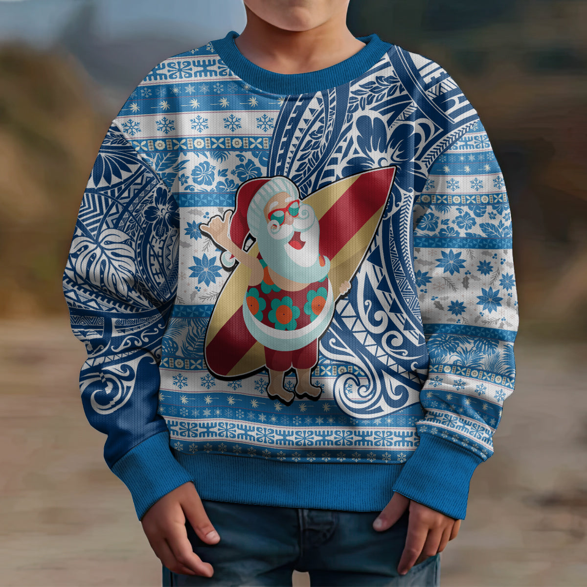 Hawaii Mele Kalikimaka Kid Ugly Christmas Sweater Santa Claus Surfing with Hawaiian Pattern Striped Blue Style LT03 - Polynesian Pride