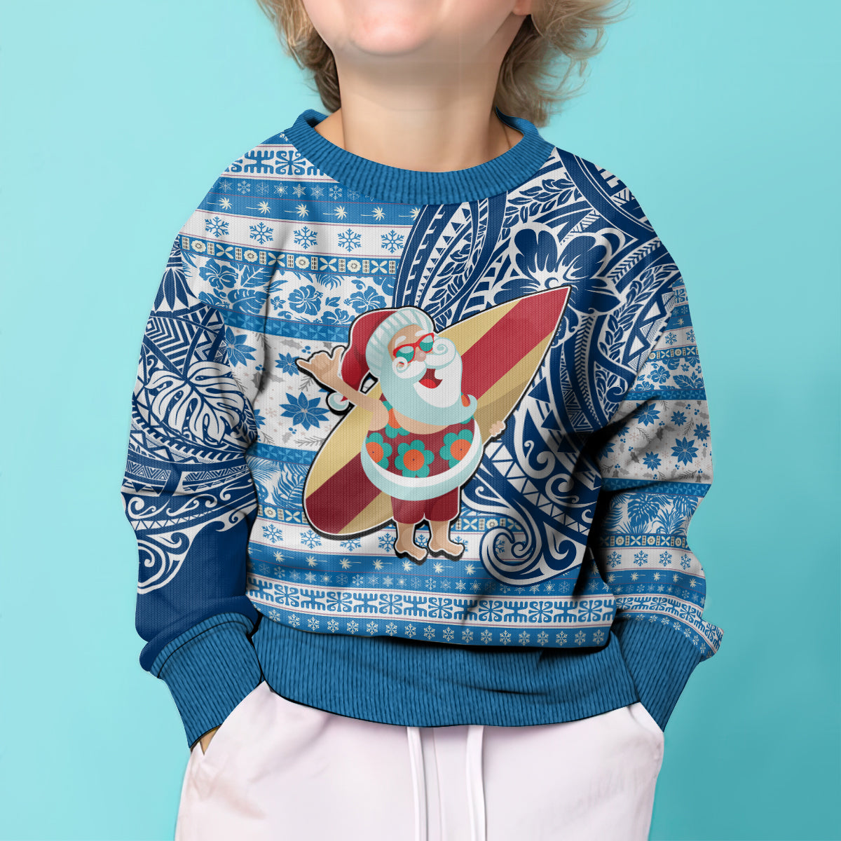 Hawaii Mele Kalikimaka Kid Ugly Christmas Sweater Santa Claus Surfing with Hawaiian Pattern Striped Blue Style LT03 - Polynesian Pride