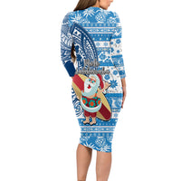 Hawaii Mele Kalikimaka Long Sleeve Bodycon Dress Santa Claus Surfing with Hawaiian Pattern Striped Blue Style LT03 - Polynesian Pride