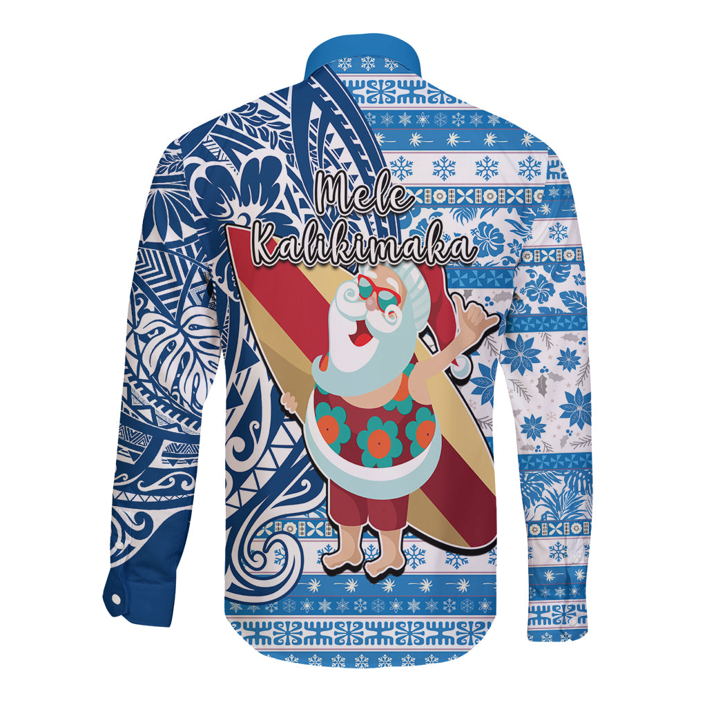 Hawaii Mele Kalikimaka Long Sleeve Button Shirt Santa Claus Surfing with Hawaiian Pattern Striped Blue Style LT03 - Polynesian Pride