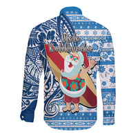Hawaii Mele Kalikimaka Long Sleeve Button Shirt Santa Claus Surfing with Hawaiian Pattern Striped Blue Style LT03 - Polynesian Pride