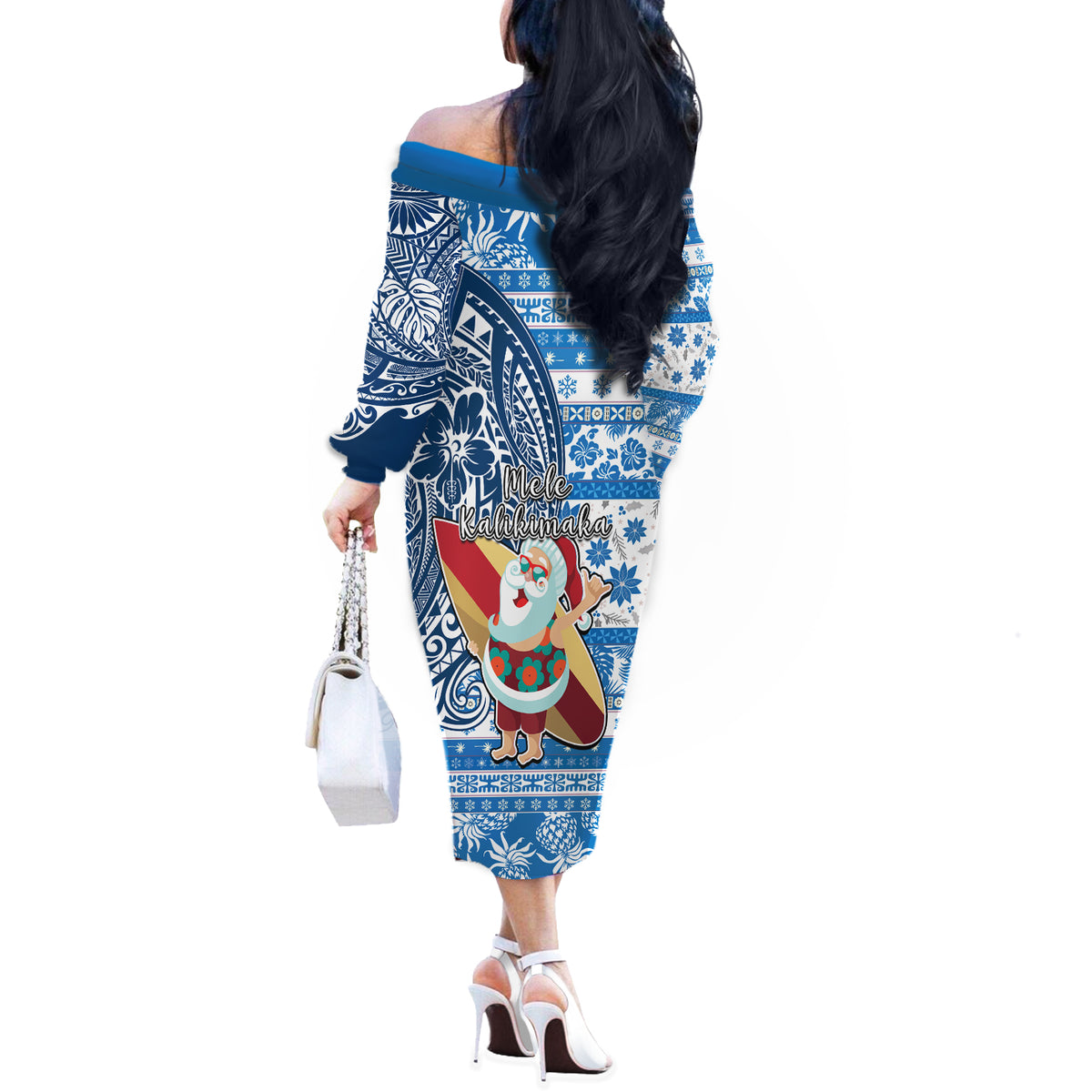 Hawaii Mele Kalikimaka Off The Shoulder Long Sleeve Dress Santa Claus Surfing with Hawaiian Pattern Striped Blue Style LT03 - Polynesian Pride