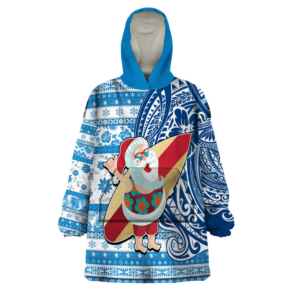 Hawaii Mele Kalikimaka Wearable Blanket Hoodie Santa Claus Surfing with Hawaiian Pattern Striped Blue Style LT03 One Size Blue - Polynesian Pride