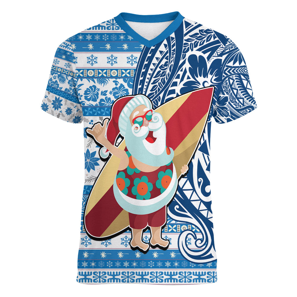 Hawaii Mele Kalikimaka Women V Neck T Shirt Santa Claus Surfing with Hawaiian Pattern Striped Blue Style LT03 Female Blue - Polynesian Pride