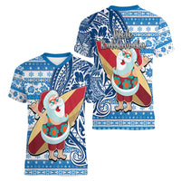 Hawaii Mele Kalikimaka Women V Neck T Shirt Santa Claus Surfing with Hawaiian Pattern Striped Blue Style LT03 - Polynesian Pride