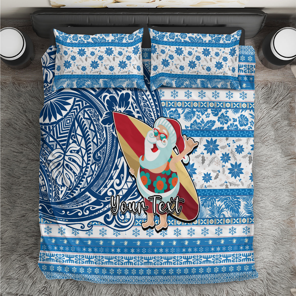 Custom Hawaii Mele Kalikimaka Bedding Set Santa Claus Surfing with Hawaiian Pattern Striped Blue Style LT03 Blue - Polynesian Pride