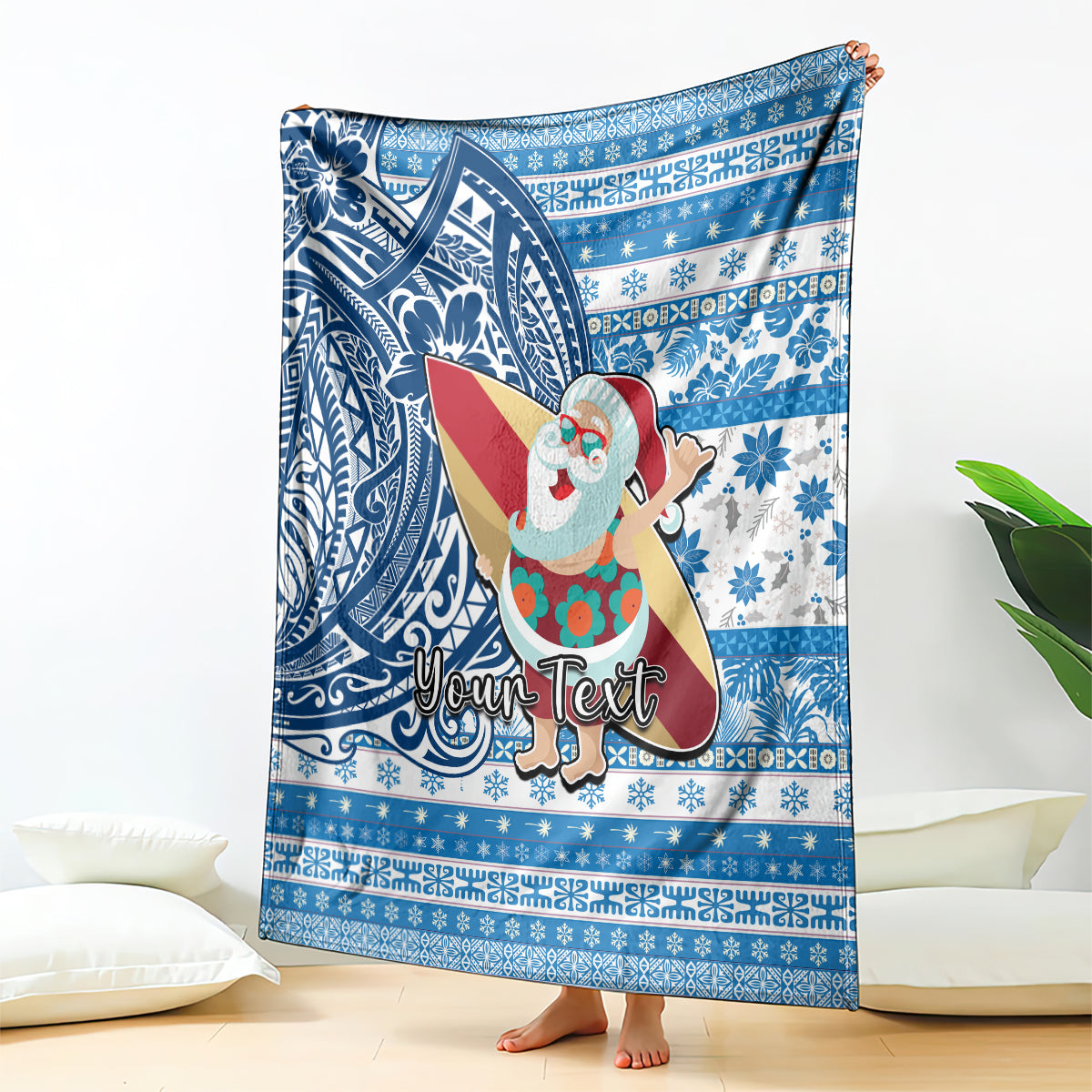 Custom Hawaii Mele Kalikimaka Blanket Santa Claus Surfing with Hawaiian Pattern Striped Blue Style LT03 Blue - Polynesian Pride