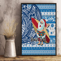 Custom Hawaii Mele Kalikimaka Canvas Wall Art Santa Claus Surfing with Hawaiian Pattern Striped Blue Style LT03 - Polynesian Pride