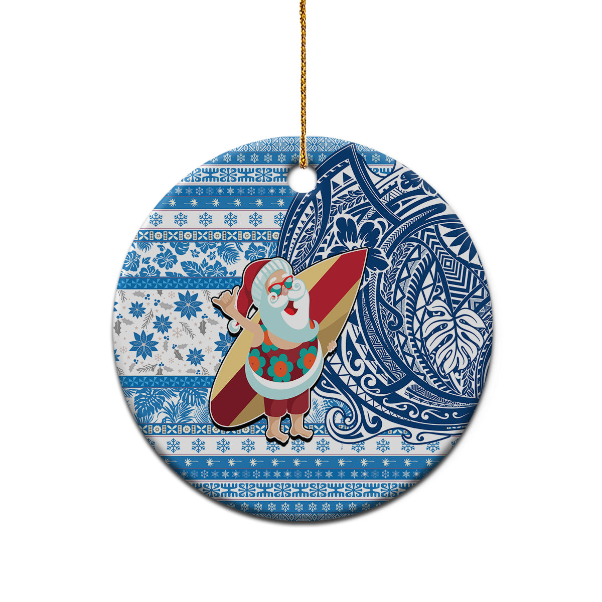 Custom Hawaii Mele Kalikimaka Ceramic Ornament Santa Claus Surfing with Hawaiian Pattern Striped Blue Style LT03 - Polynesian Pride