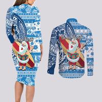 Custom Hawaii Mele Kalikimaka Couples Matching Long Sleeve Bodycon Dress and Long Sleeve Button Shirt Santa Claus Surfing with Hawaiian Pattern Striped Blue Style LT03 - Polynesian Pride