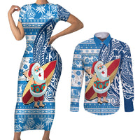 Custom Hawaii Mele Kalikimaka Couples Matching Short Sleeve Bodycon Dress and Long Sleeve Button Shirt Santa Claus Surfing with Hawaiian Pattern Striped Blue Style LT03 Blue - Polynesian Pride