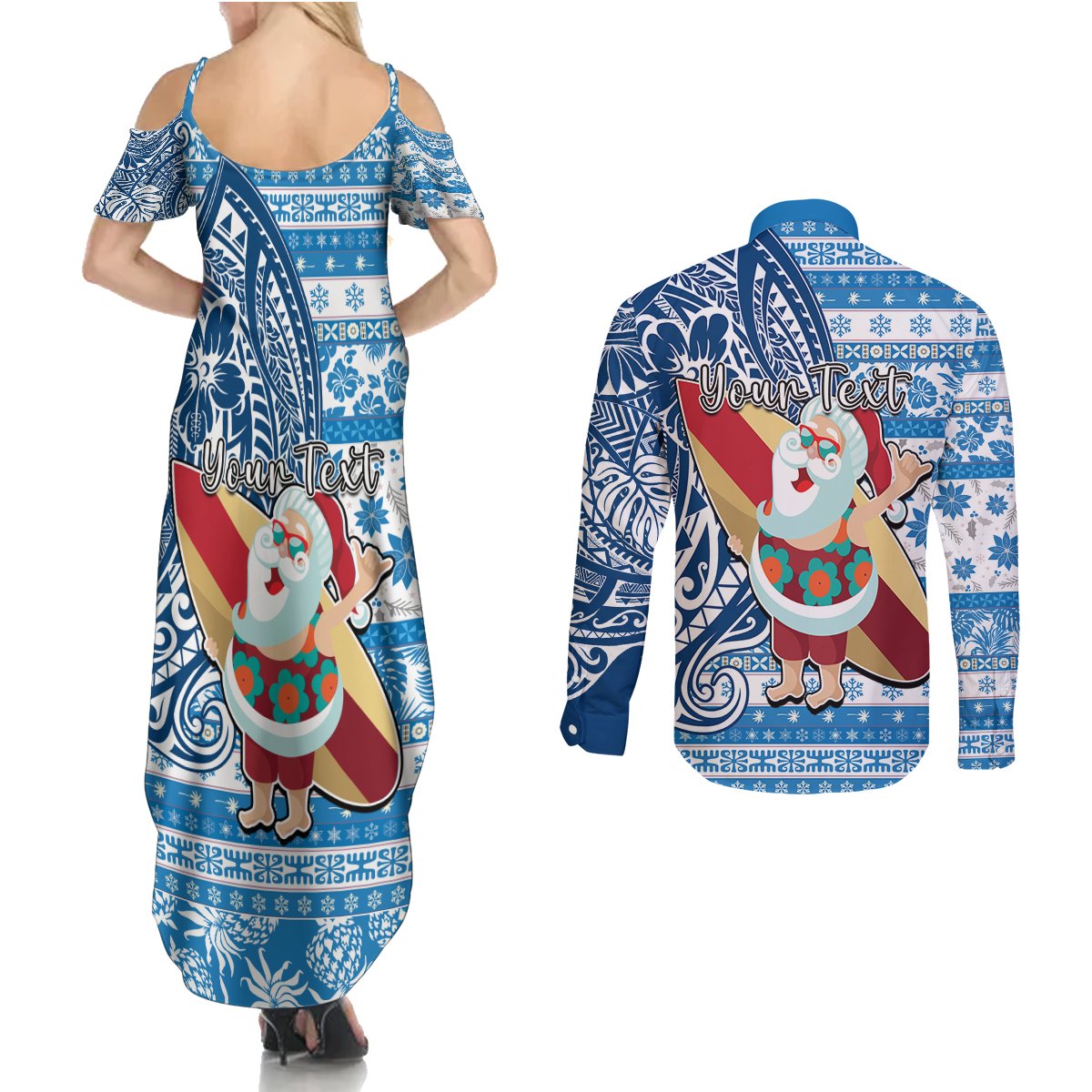 Custom Hawaii Mele Kalikimaka Couples Matching Summer Maxi Dress and Long Sleeve Button Shirt Santa Claus Surfing with Hawaiian Pattern Striped Blue Style LT03 - Polynesian Pride