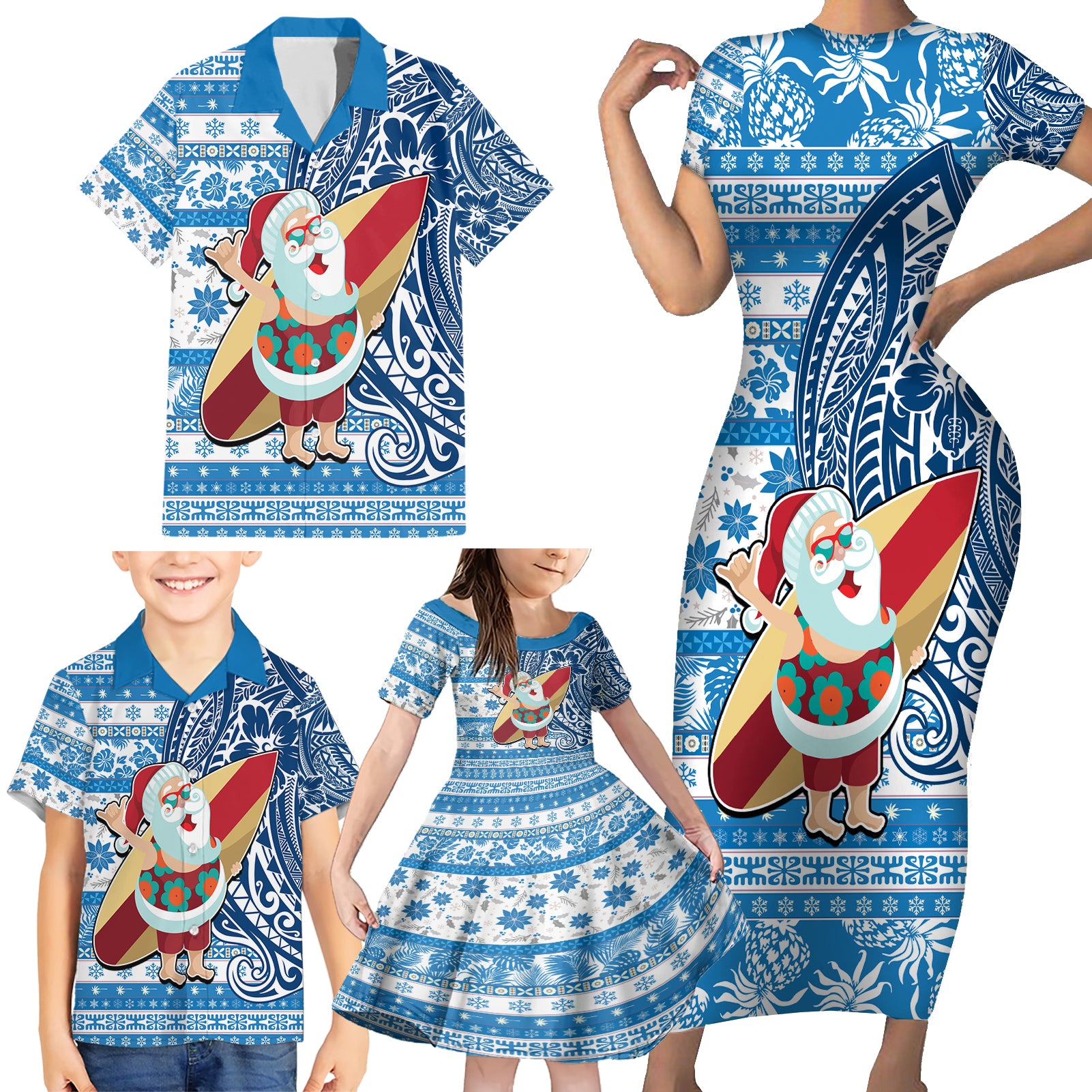 Custom Hawaii Mele Kalikimaka Family Matching Short Sleeve Bodycon Dress and Hawaiian Shirt Santa Claus Surfing with Hawaiian Pattern Striped Blue Style LT03 - Polynesian Pride