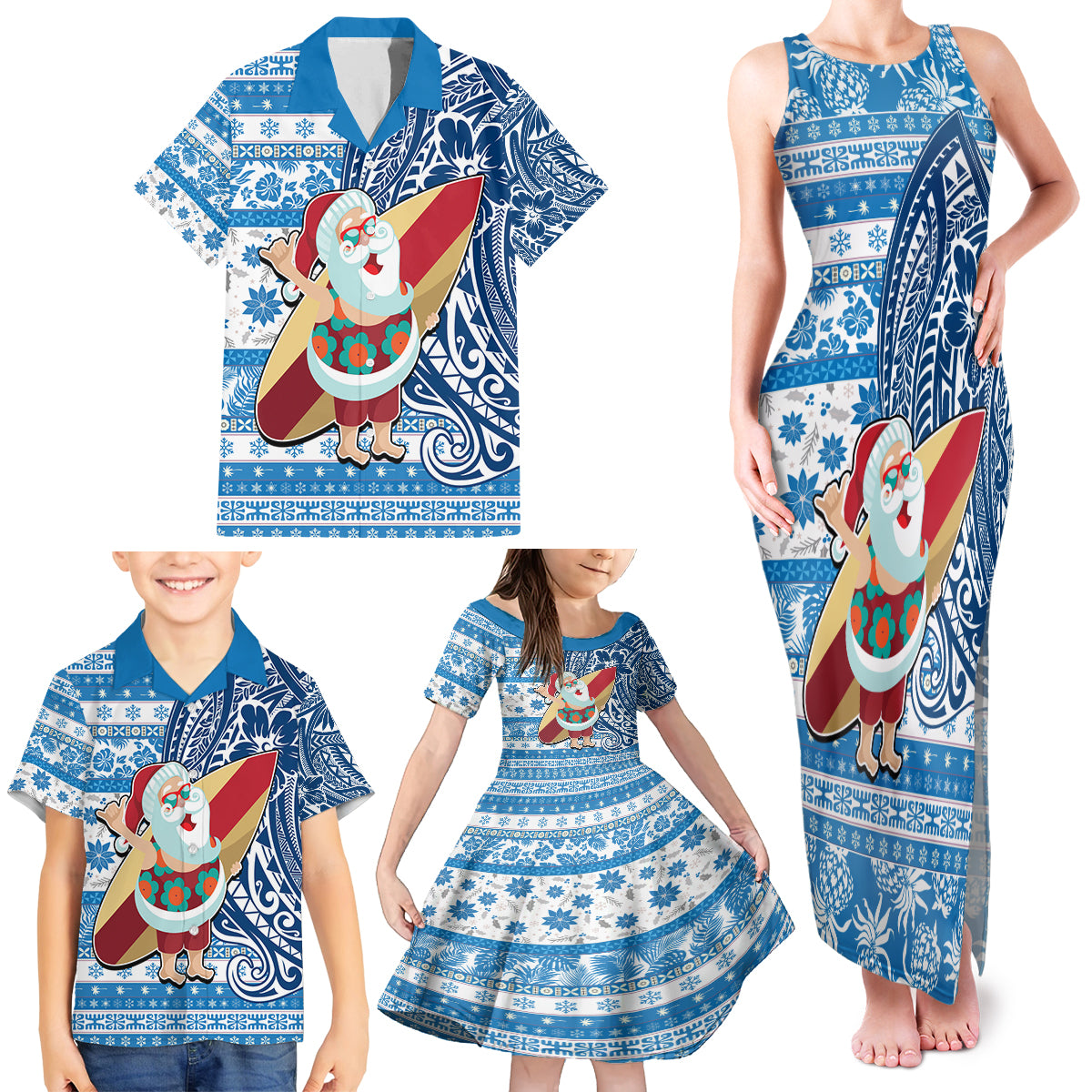 Custom Hawaii Mele Kalikimaka Family Matching Tank Maxi Dress and Hawaiian Shirt Santa Claus Surfing with Hawaiian Pattern Striped Blue Style LT03 - Polynesian Pride