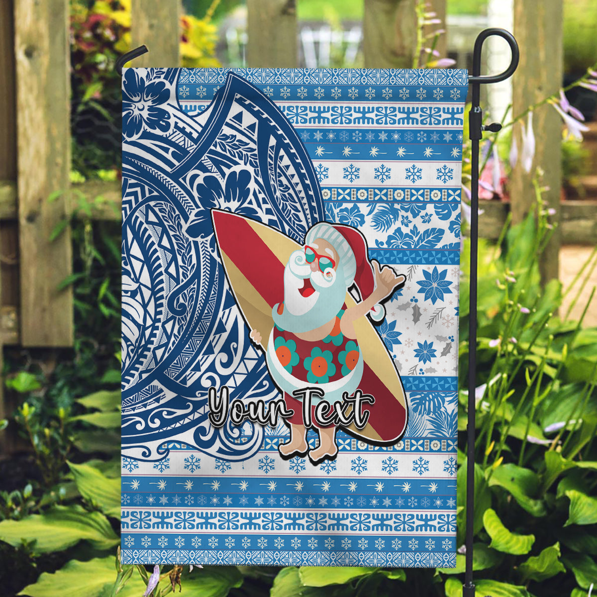 Custom Hawaii Mele Kalikimaka Garden Flag Santa Claus Surfing with Hawaiian Pattern Striped Blue Style LT03 Garden Flag Blue - Polynesian Pride