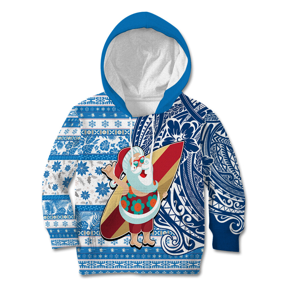 Custom Hawaii Mele Kalikimaka Kid Hoodie Santa Claus Surfing with Hawaiian Pattern Striped Blue Style LT03 Blue - Polynesian Pride