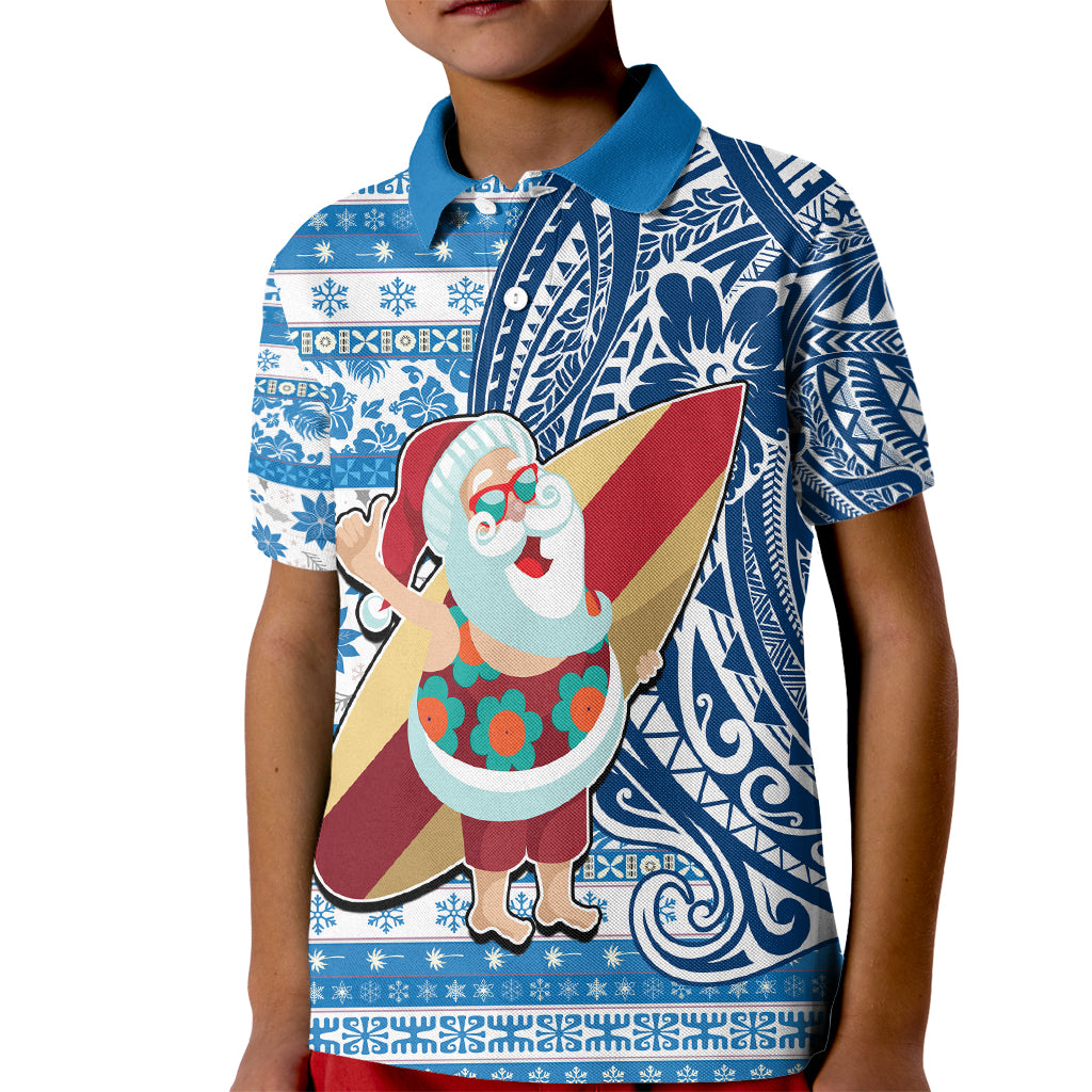 Custom Hawaii Mele Kalikimaka Kid Polo Shirt Santa Claus Surfing with Hawaiian Pattern Striped Blue Style LT03 Kid Blue - Polynesian Pride