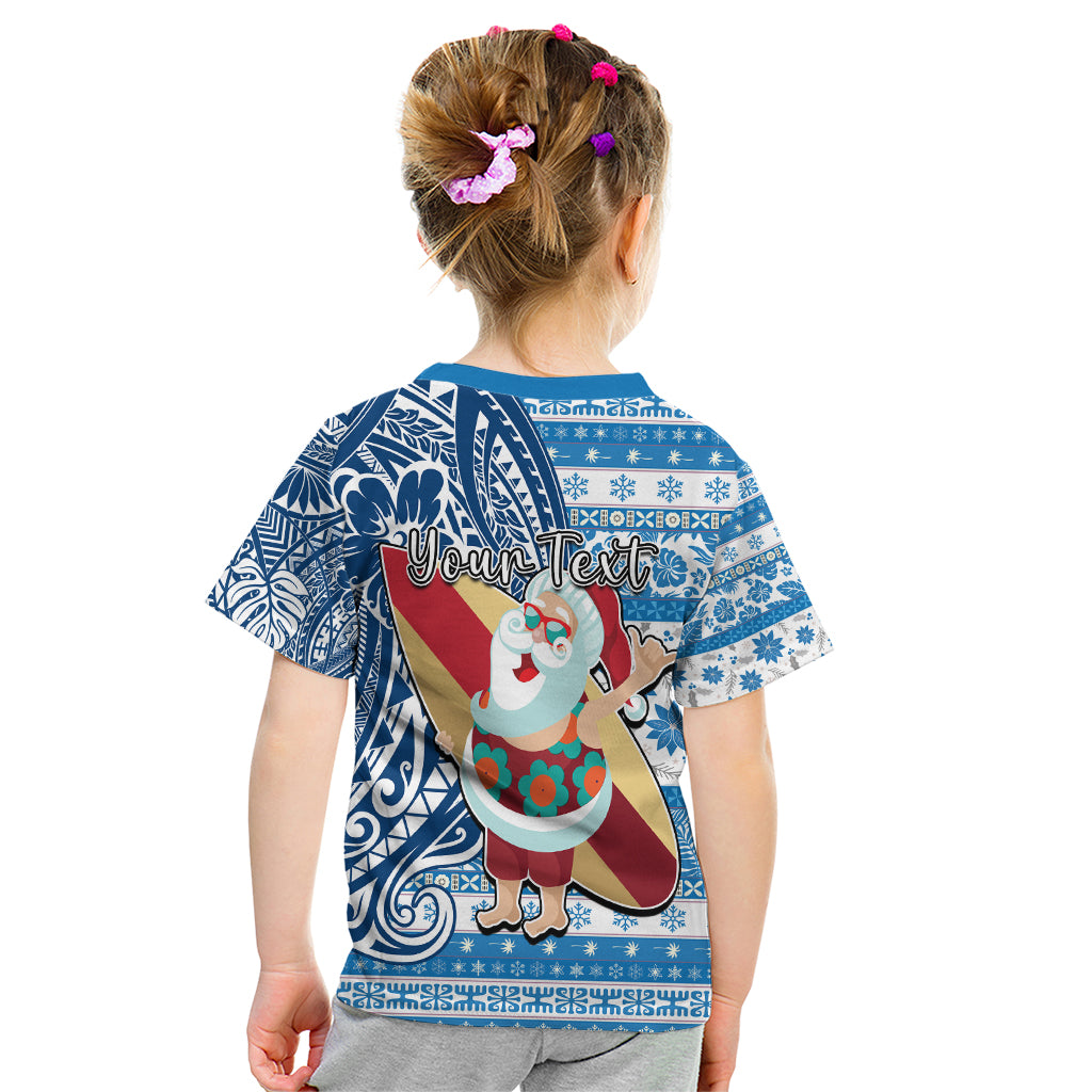 Custom Hawaii Mele Kalikimaka Kid T Shirt Santa Claus Surfing with Hawaiian Pattern Striped Blue Style LT03 - Polynesian Pride