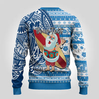 Custom Hawaii Mele Kalikimaka Ugly Christmas Sweater Santa Claus Surfing with Hawaiian Pattern Striped Blue Style LT03 - Polynesian Pride
