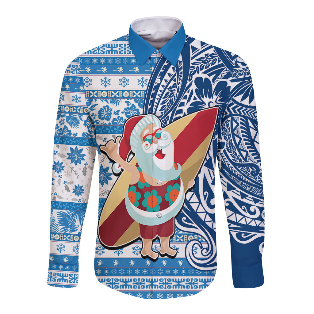 Custom Hawaii Mele Kalikimaka Long Sleeve Button Shirt Santa Claus Surfing with Hawaiian Pattern Striped Blue Style LT03 Unisex Blue - Polynesian Pride