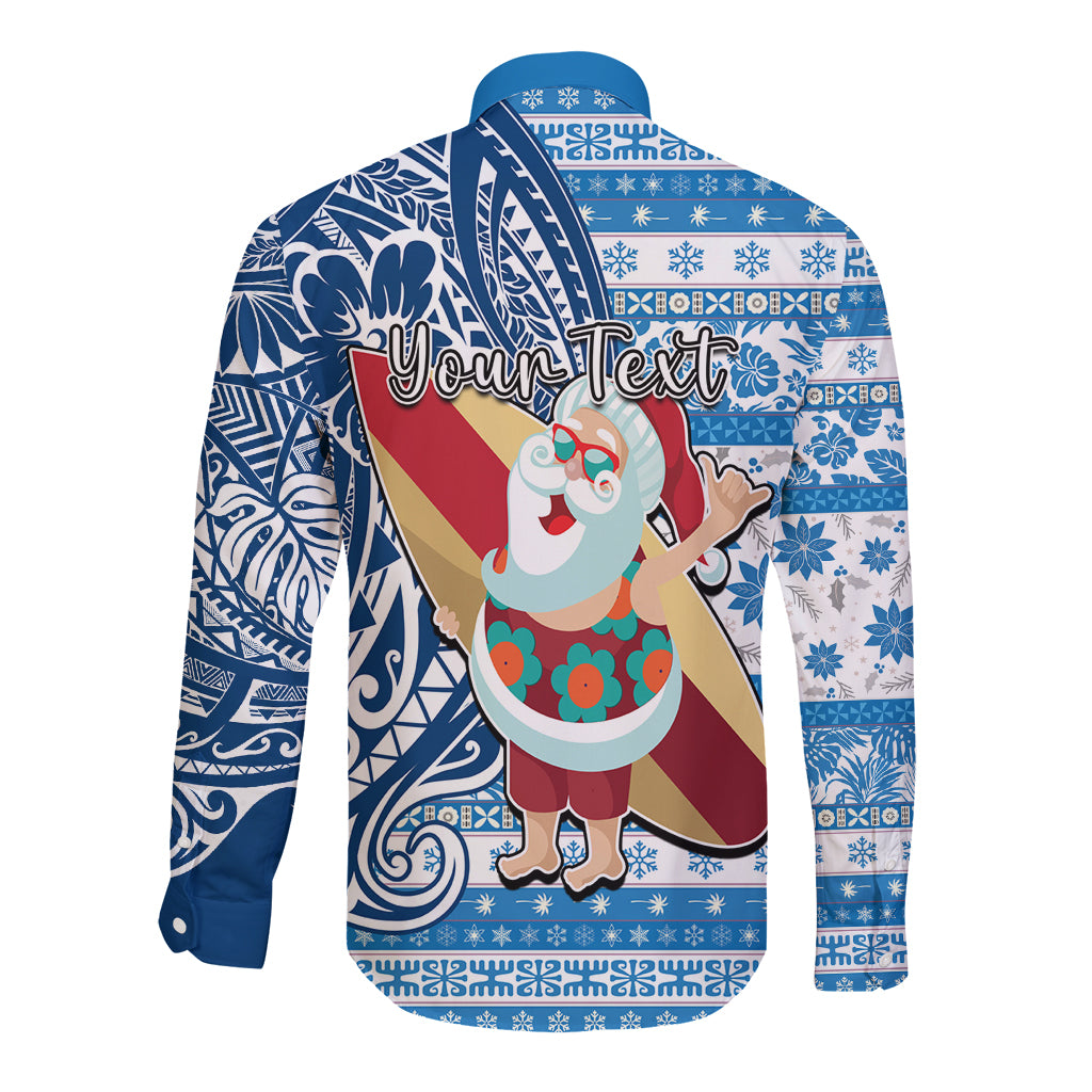 Custom Hawaii Mele Kalikimaka Long Sleeve Button Shirt Santa Claus Surfing with Hawaiian Pattern Striped Blue Style LT03 - Polynesian Pride