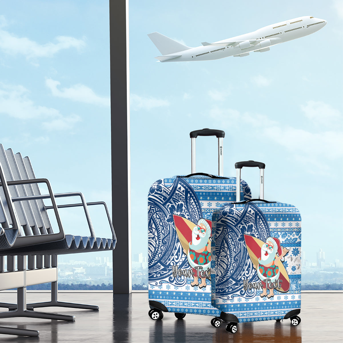 Custom Hawaii Mele Kalikimaka Luggage Cover Santa Claus Surfing with Hawaiian Pattern Striped Blue Style LT03 - Polynesian Pride