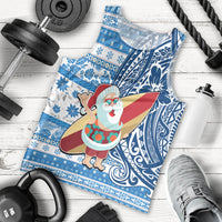Custom Hawaii Mele Kalikimaka Men Tank Top Santa Claus Surfing with Hawaiian Pattern Striped Blue Style LT03 - Polynesian Pride