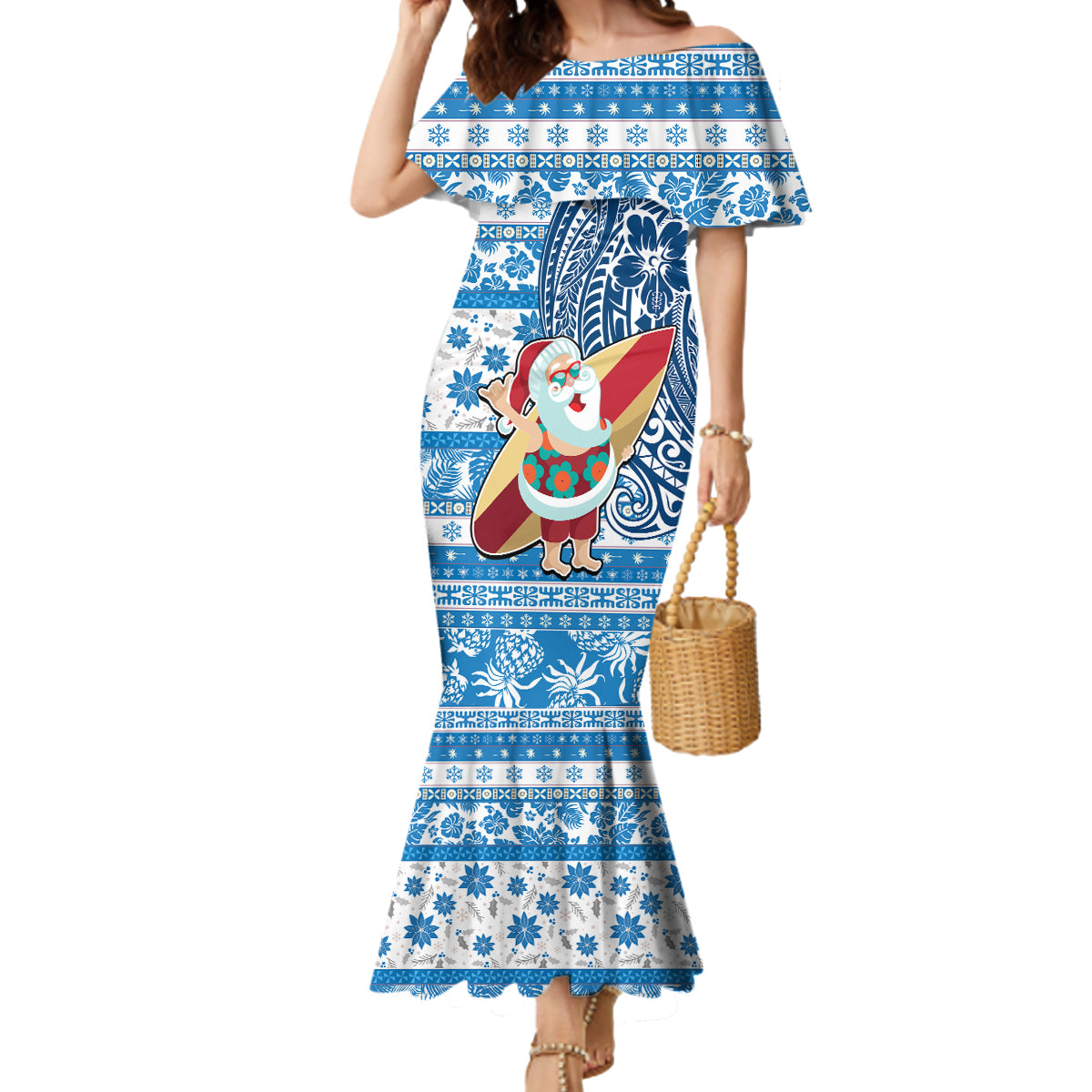 Custom Hawaii Mele Kalikimaka Mermaid Dress Santa Claus Surfing with Hawaiian Pattern Striped Blue Style LT03 Women Blue - Polynesian Pride