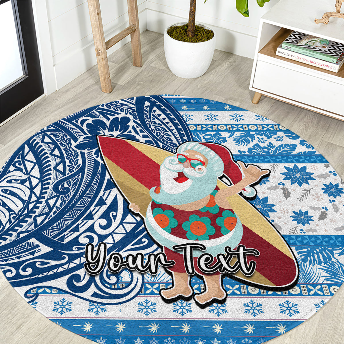 Custom Hawaii Mele Kalikimaka Round Carpet Santa Claus Surfing with Hawaiian Pattern Striped Blue Style LT03 Blue - Polynesian Pride