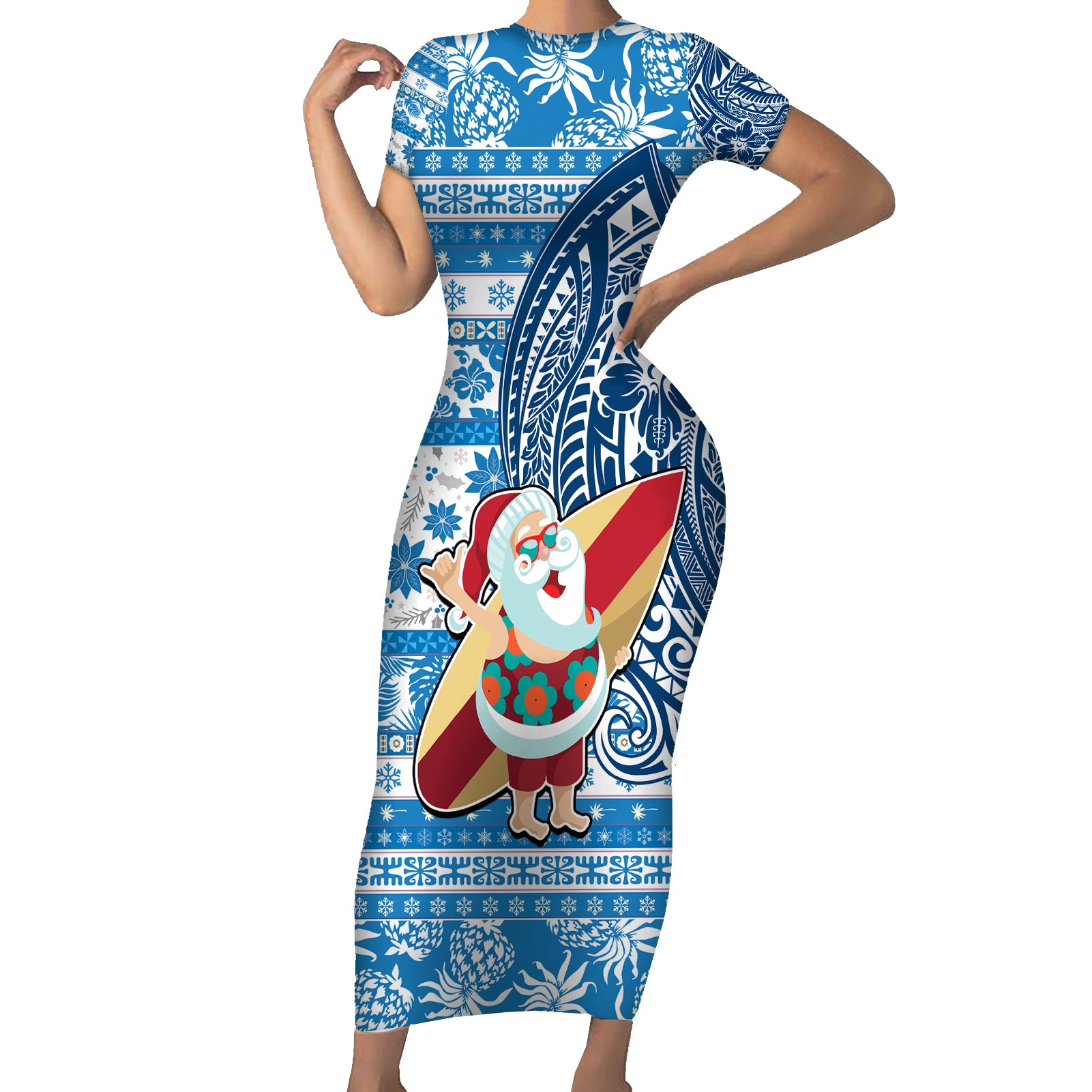 Custom Hawaii Mele Kalikimaka Short Sleeve Bodycon Dress Santa Claus Surfing with Hawaiian Pattern Striped Blue Style LT03 Long Dress Blue - Polynesian Pride