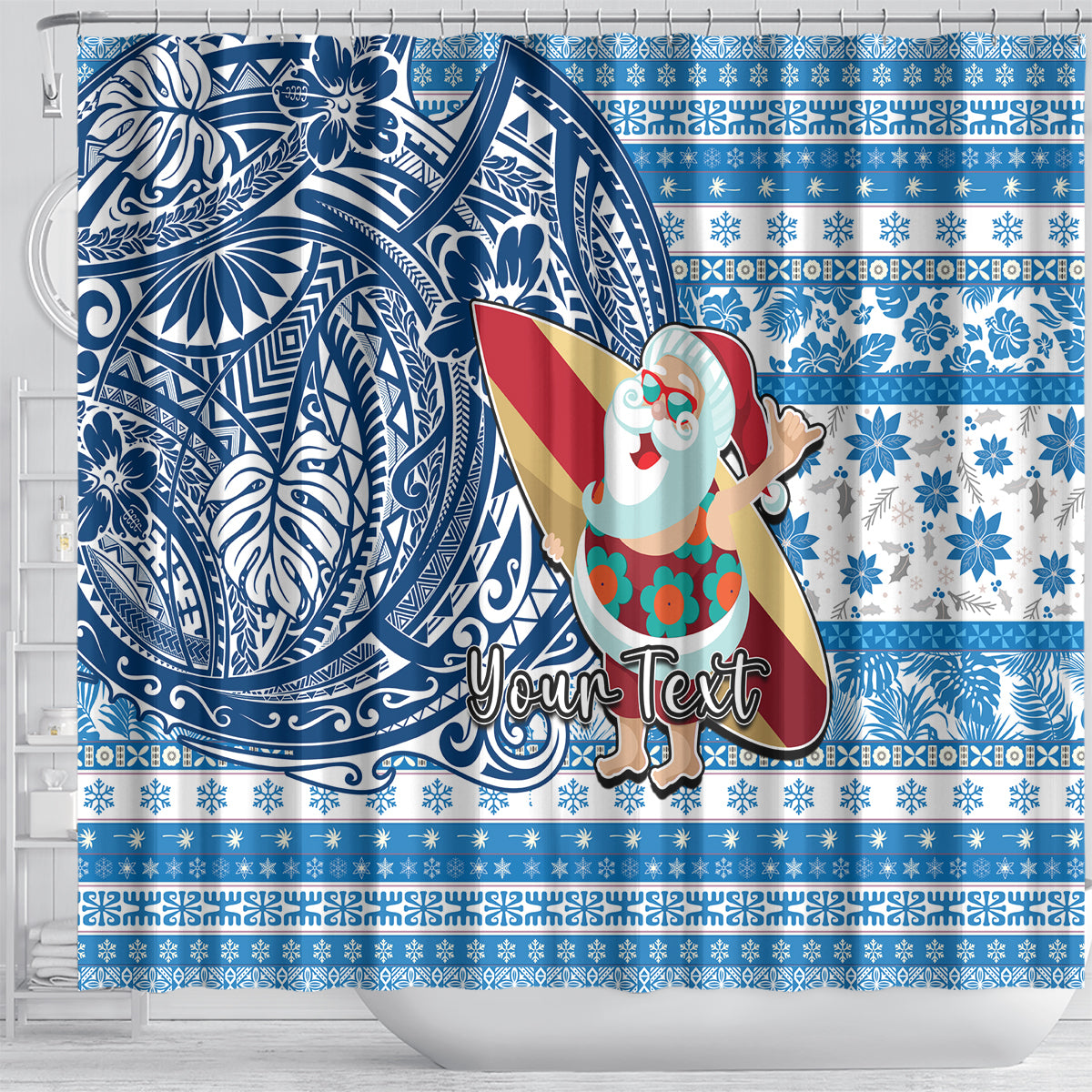 Custom Hawaii Mele Kalikimaka Shower Curtain Santa Claus Surfing with Hawaiian Pattern Striped Blue Style LT03 - Polynesian Pride